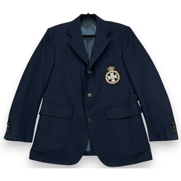 Vintage J Press Blazer Navy Blue 42 Embroidered Crest Wool Preppy Trad